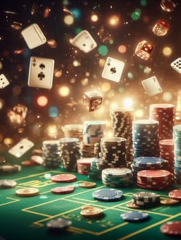 casino scene on a gaming table, freeze action fly dice, cards and chips, dark, bokeh , human hand generative ai art