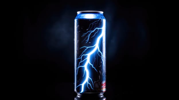 Energy drink can bottle, lightning on the background, black background AI