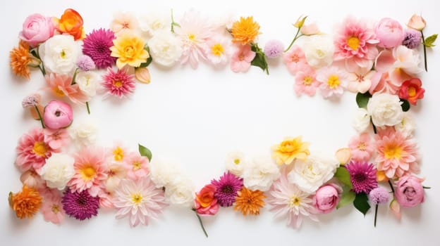 Flowers frame on white background top view. Flat layer, top view. Spring or summer concept AI