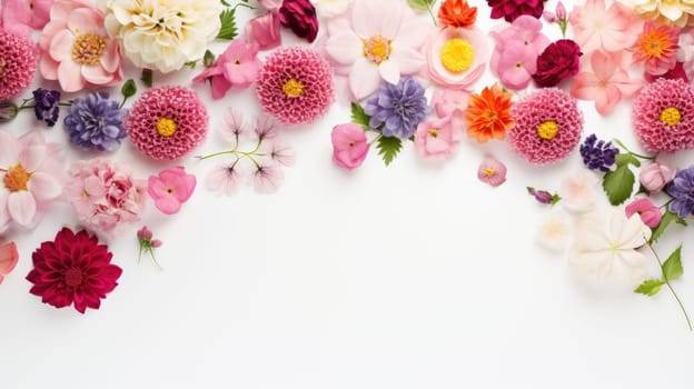 Flowers arch from above frame on white background top view. Flat layer, top view. Spring or summer concept AI