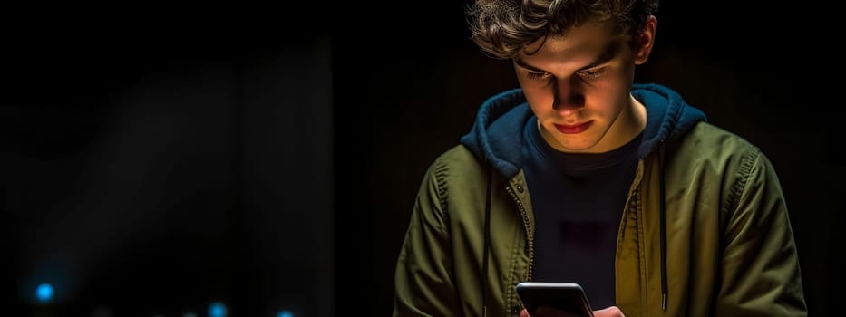young man is engrossed in his smartphone, the screen's glow illuminating his face in a dark environment, creating a focused and intimate atmosphere, banner with copy space
