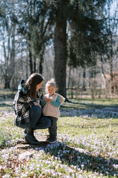 Little girl stands on a stump near her squatting mom among blooming blue crocuses. High quality photo
