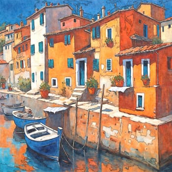 AI generated oil painting depicting a mediterraneam fishing village.