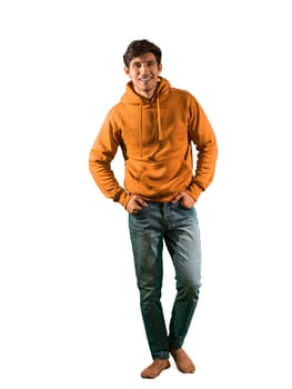 Full body shot of attractive young man with sweater and jeans, isolated on white background