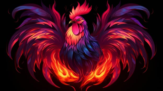 A burning rooster stands on a black background, with his wings spread,cartoon style.
