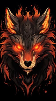 Head of an evil burning wolf with burning eyes, on black background, cartoon style, front view. Vertical