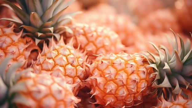 Fresh pineapples are on the supermarket. Close up