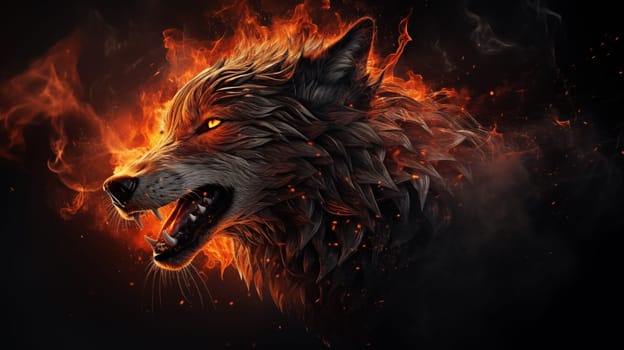 Head of an evil burning wolf, with open mouth, on fire, on black background, side view.