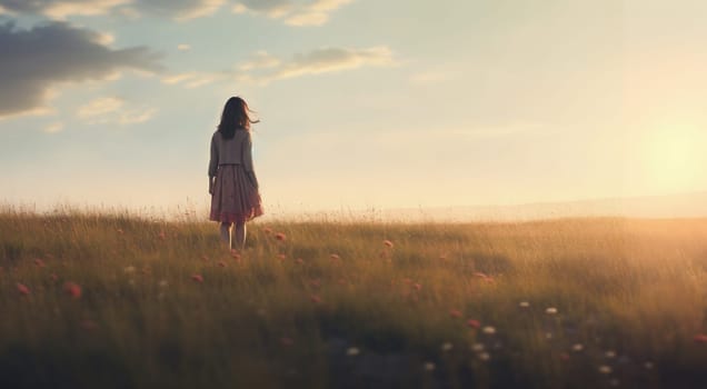 Romantic image of a young girl dressed in 1900s fashion in a meadow of wild grasses - Generative AI