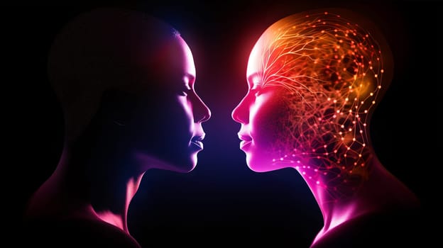 a young woman facing her digital double, artificial intelligence and transhumanism concept - generative AI