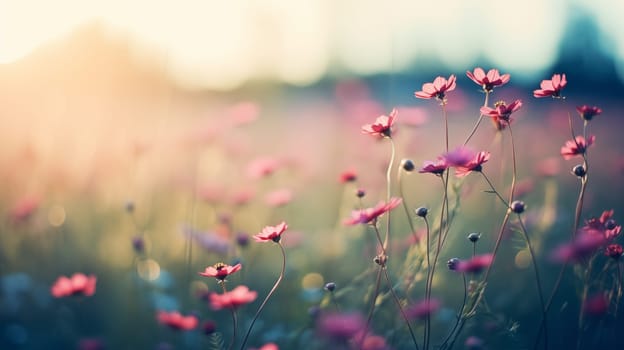 wildflowers on a meadow - Shallow depth of field. Warm summer evening with a prairie in the sunset light - generative AI