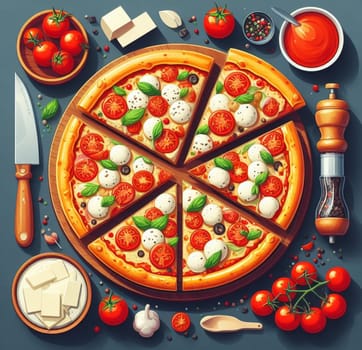 lay flat melted mozzarella cheese tomato and basil pizza ready to eat illustration ai generated