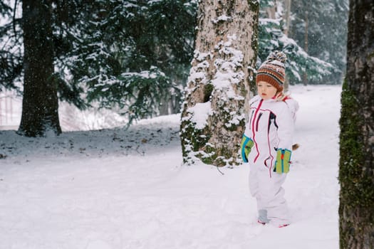 Little girl stands in a snowy forest under snowfall and looks at her feet. High quality photo