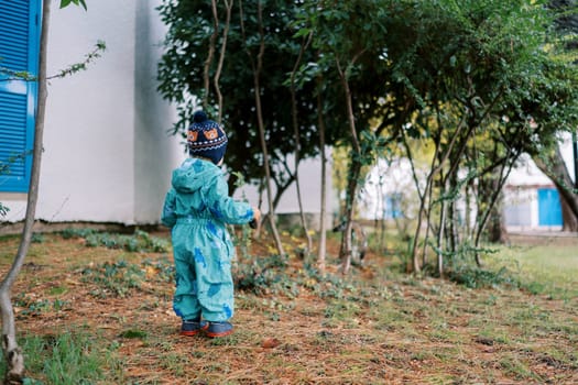 Small child in overalls stands in the garden near the house and looks at the trees. Back view. High quality photo