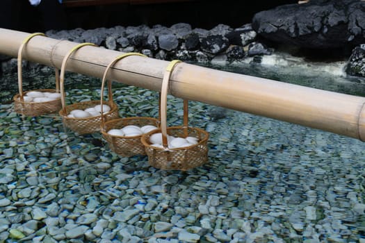 Eggs being cooked in Japanese onsen water.