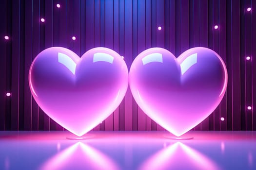 Two large purple hearts with a neon glow. Valentine's Day concept.