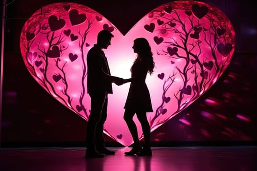 Silhouette of a couple in love against the background of a big heart.