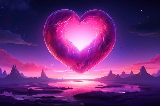 Huge pink heart in the night sky. Romantic illustration.