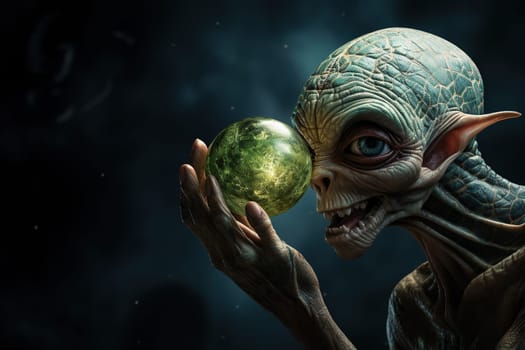 An alien on a dark background holds a ball in his hand.