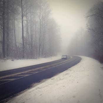 Cars in the fog. Bad winter weather and dangerous automobile traffic on the road. Light vehicles in foggy day.