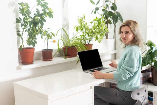 Woman sitting on armchair and putting your feet on the windowsill, works on laptop at home during self-isolation, cat nearby wants attention and to be stroked. Business from home.