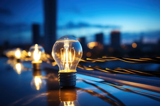 Light bulb against the backdrop of a blurred city in the evening. Electric energy concept.