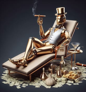 ich funny robot smoking cigar drink champagne surround by stack cash money studio solid background ai generated