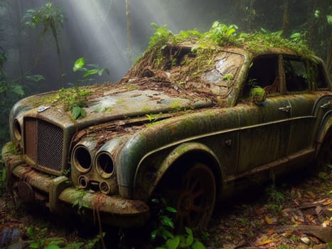 Abandoned rusty expensive atmospheric deluxe sedan car limo as circulation banned for co2 emission 2030 agenda , severe damage, broken parts, plants overgrowth bloom flowers. ai generated