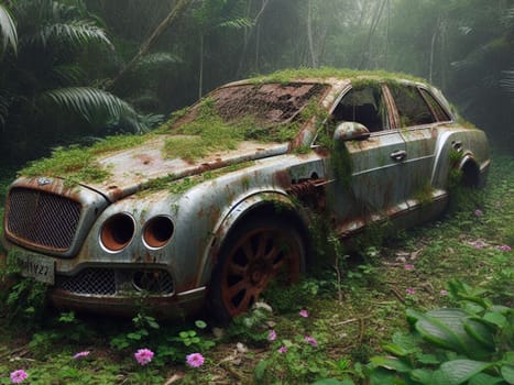 Abandoned rusty expensive atmospheric deluxe sedan car limo as circulation banned for co2 emission 2030 agenda , severe damage, broken parts, plants overgrowth bloom flowers. ai generated