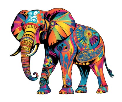 Elephant in bright colourful psychedelic pop art style isolated on white background. Template for t-shirt print, sticker, design element etc.