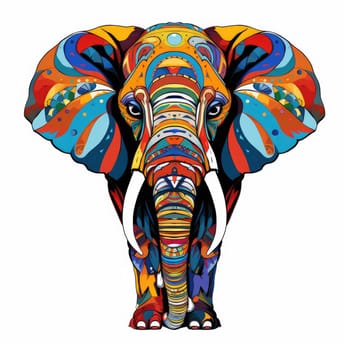 Elephant in bright colourful psychedelic pop art style isolated on white background. Template for t-shirt print, sticker, design element etc.