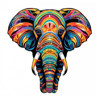 Elephant in bright colourful psychedelic pop art style isolated on white background. Template for t-shirt print, sticker, design element etc.