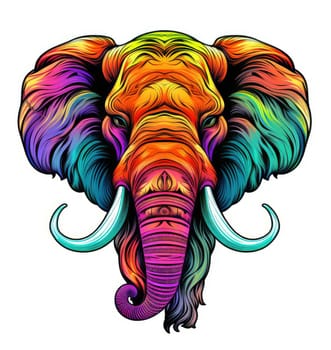 Mammoth in bright colourful psychedelic pop art style isolated on white background Template for t-shirt print, sticker, design element etc.