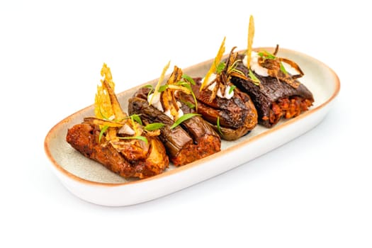 Stuffed dried eggplant, traditional Turkish dish, on a white background