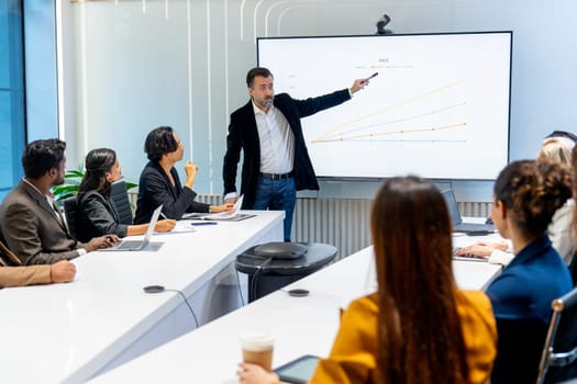 Business manager man point to monitor and explain about the progress of the project to his employee in conference or meeting room.