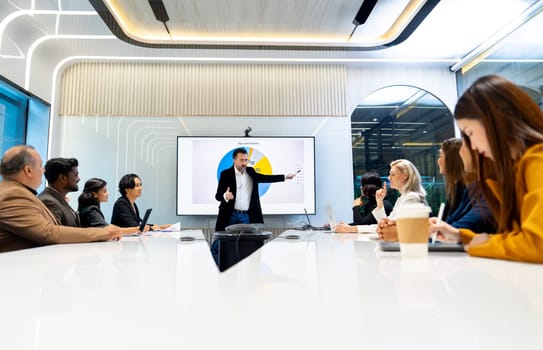 Caucasian man as manager stand in front of conference room to present the business performance using monitor to show information of the company.