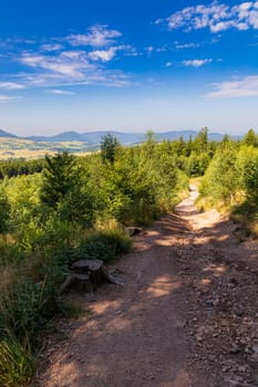 Beautiful green yellow and blue landscape in mountains seen from long and steep mountain trail