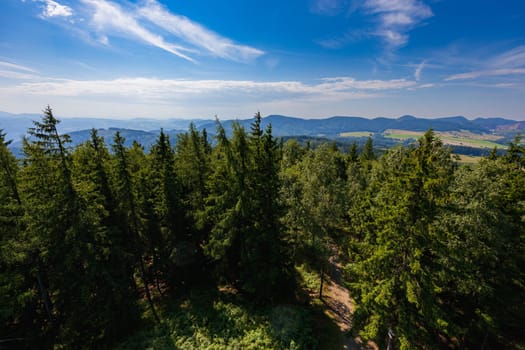 Beautiful green and blue panorama of layers of mountains and trees and some fields seen from top of viewing tower at highest mountain in this area