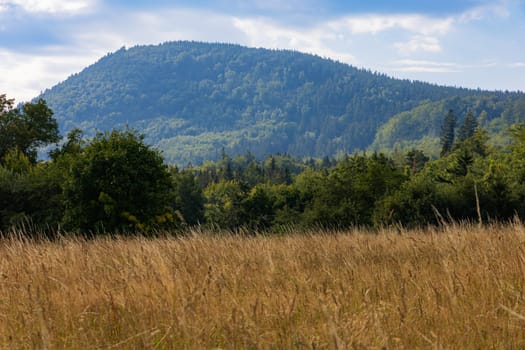 Beautiful landscape of small city and beautiful hills and mountains next to it at sunny day