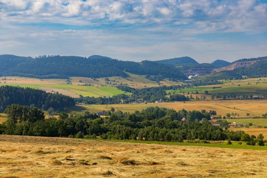 Beautiful landscape of glades and clearing full of fields and trees between it at mountains at sunny cloudy day