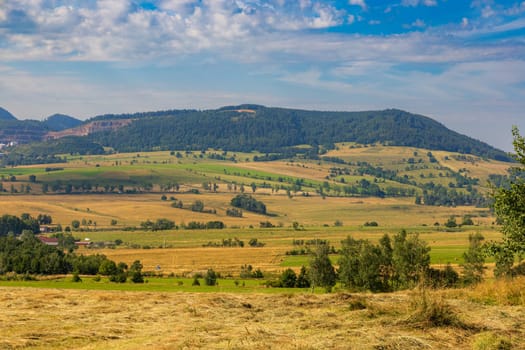 Beautiful landscape of glades and clearing full of fields and trees between it at mountains at sunny cloudy day