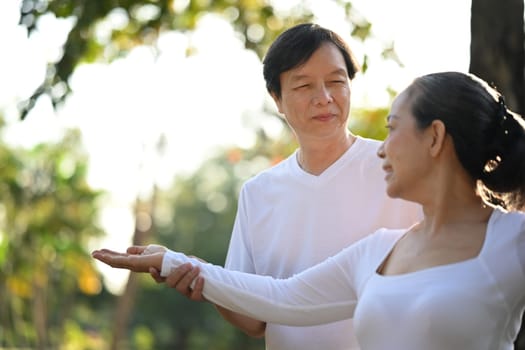 Active middle age couple in white clothing working out with Tai Chi in the park. Health care and wellbeing concept