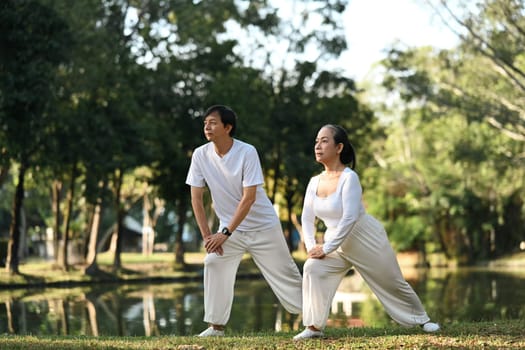 Active middle age couple in white clothing working out with Tai Chi in the park. Health care and wellbeing concept