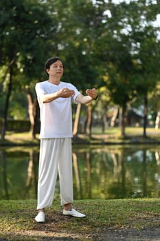 Full length active middle age man practicing Tai Chi in the morning. Health care and wellbeing concept