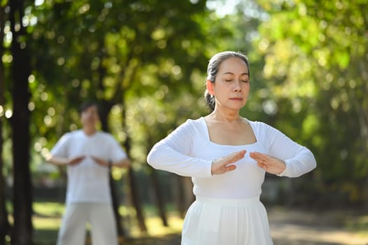 Active middle age couple in white clothing working out with Tai Chi in the park. Health care and wellbeing concept