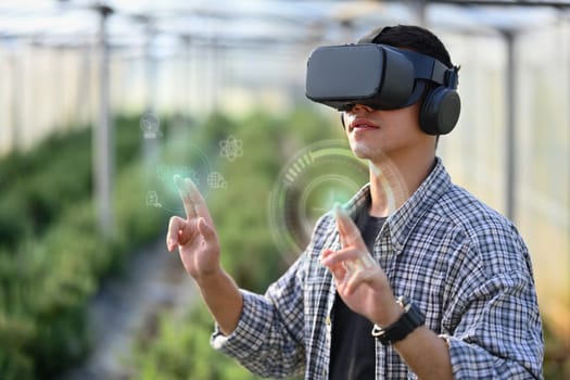 Farmer wearing VR headset for controlling process in greenhouse cultivation. Modern and smart agriculture concept