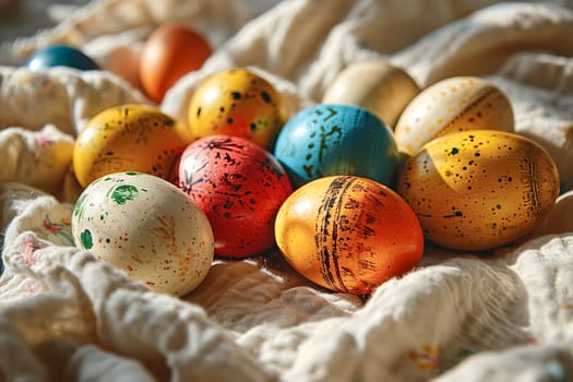 Easter eggs laid out on a white linen towel.