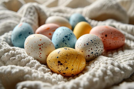 Easter eggs laid out on a white linen towel.