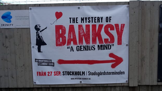 Stockholm, Sweden, December 29 2023. Art exhibition. The mystery of Banksi. A genius mind. Sign.