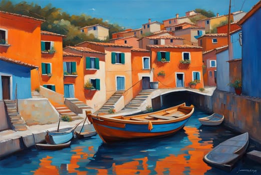 AI generated oil painting depicting a mediterraneam fishing village.